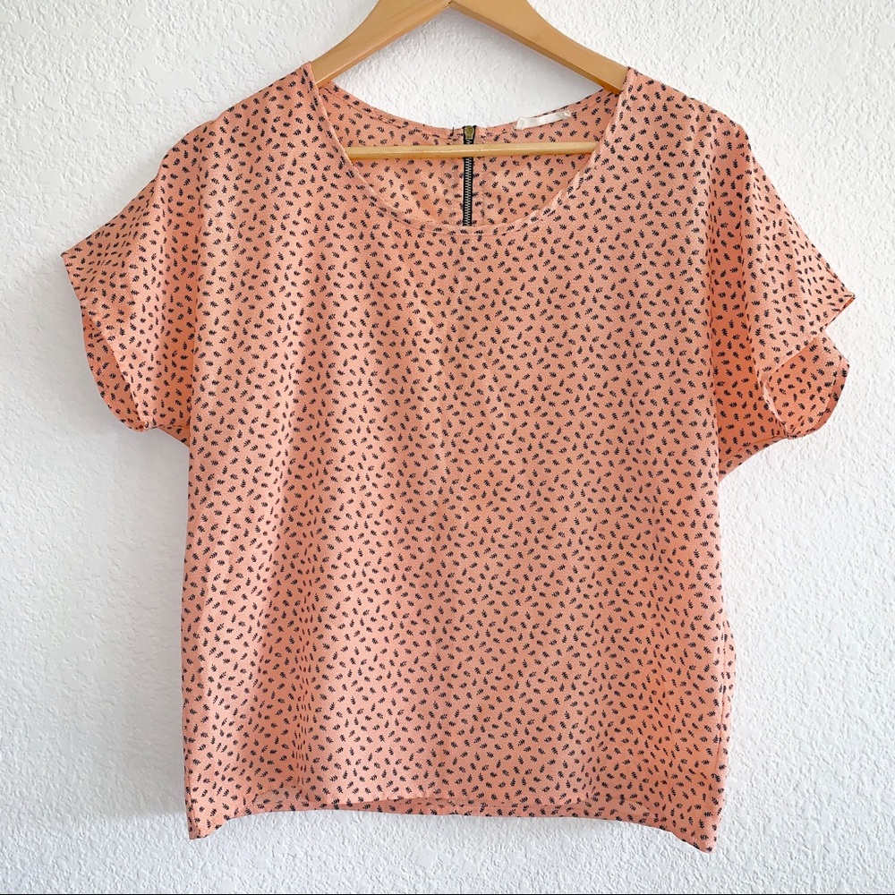 Paperwhite Melon-and-Navy microfloral print blouse